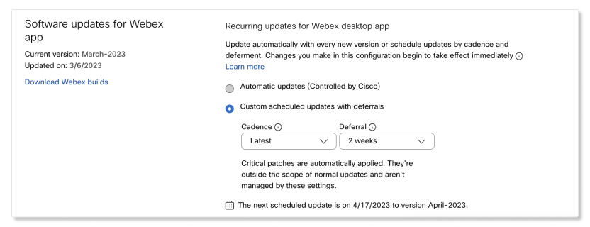 Control Webex Uygulaması ayarları için güncellenmiş Yazılım güncellemeleri.