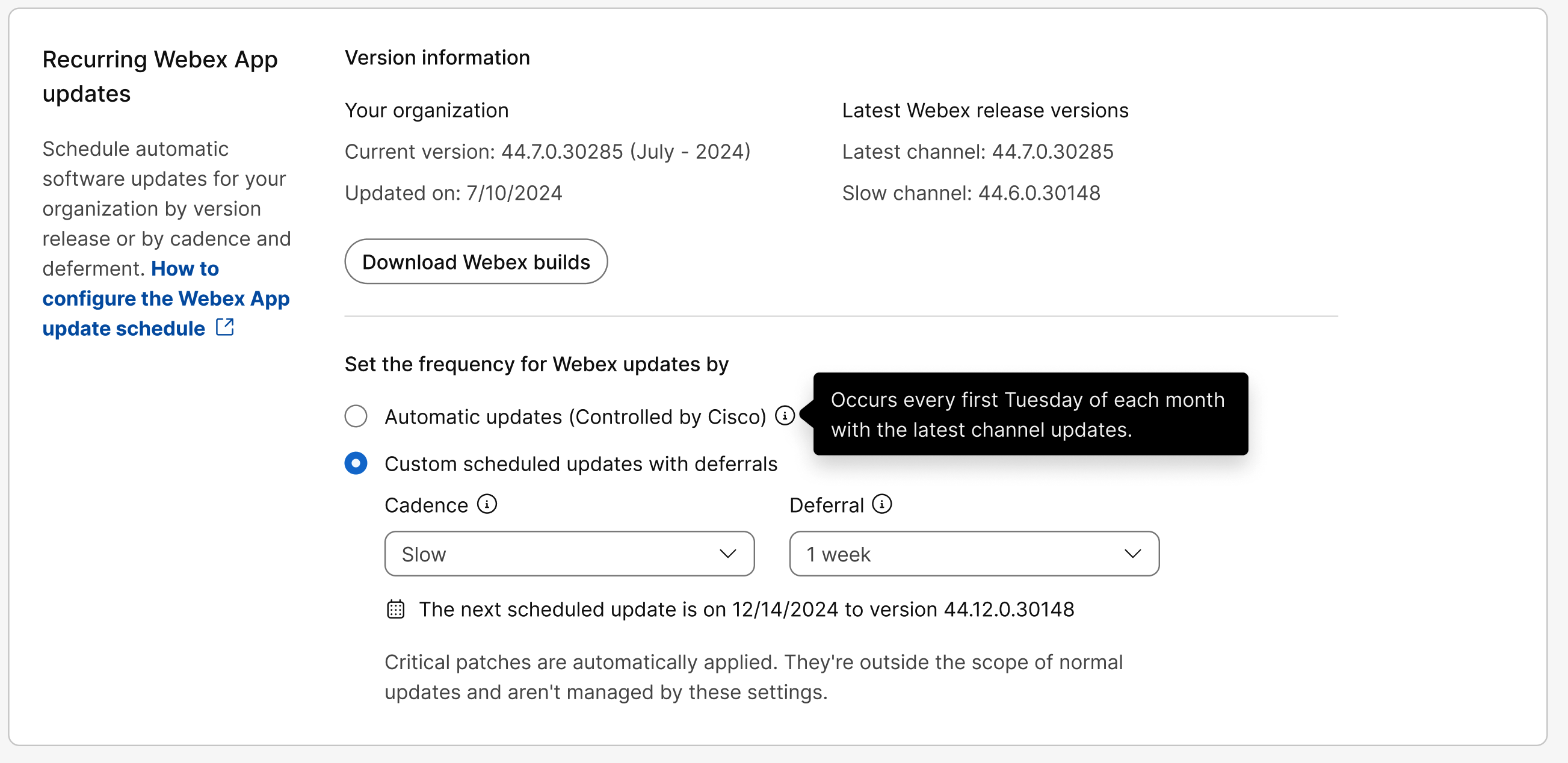 Updated Software updates for Webex App settings in Control Hub.