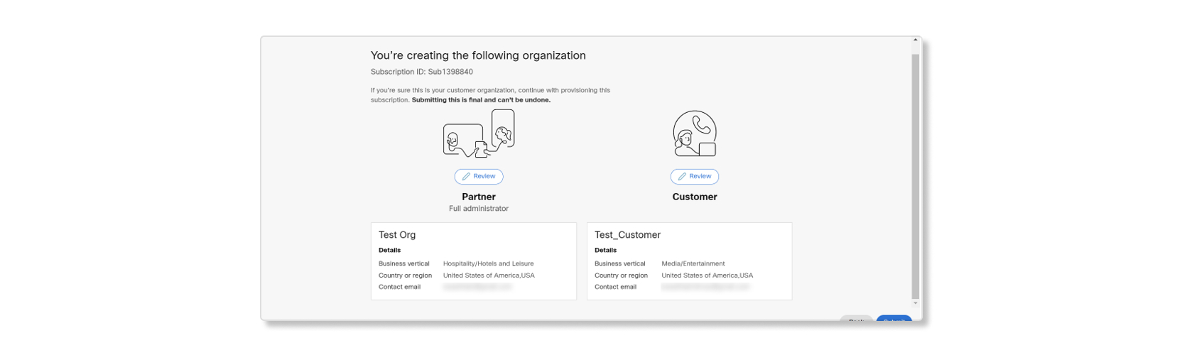 Creating a new organization for a customer as a partner.