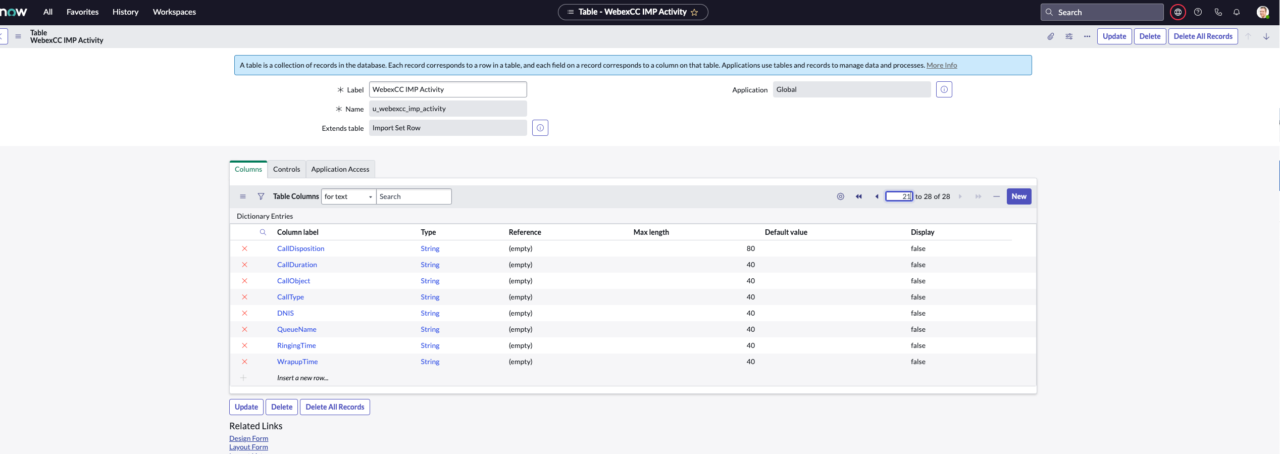 ServiceNow geliştirici örneği WebexCC Etkinlik TransformMap ayrıntıları sayfası.