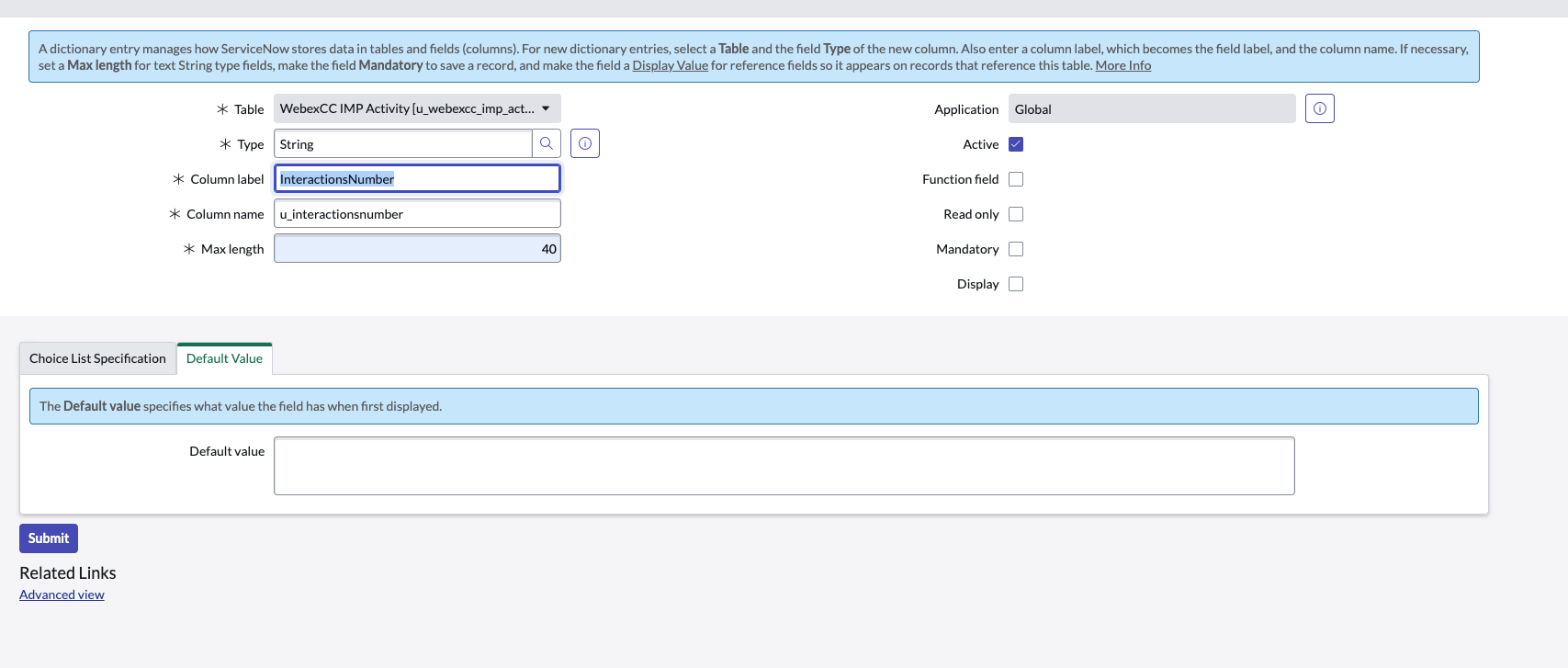 ServiceNow geliştirici örneği WebexCC Etkinlik TransformMap yeni sütunu, InteractionNumber.