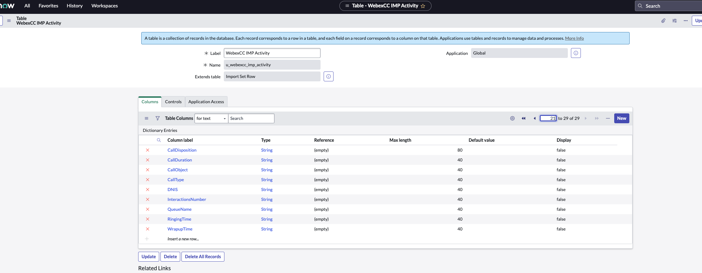 ServiceNow geliştirici örneği WebexCC Etkinlik TransformMap ayrıntıları sayfası yeni 'interactionnumber' sütununu gösterdi.