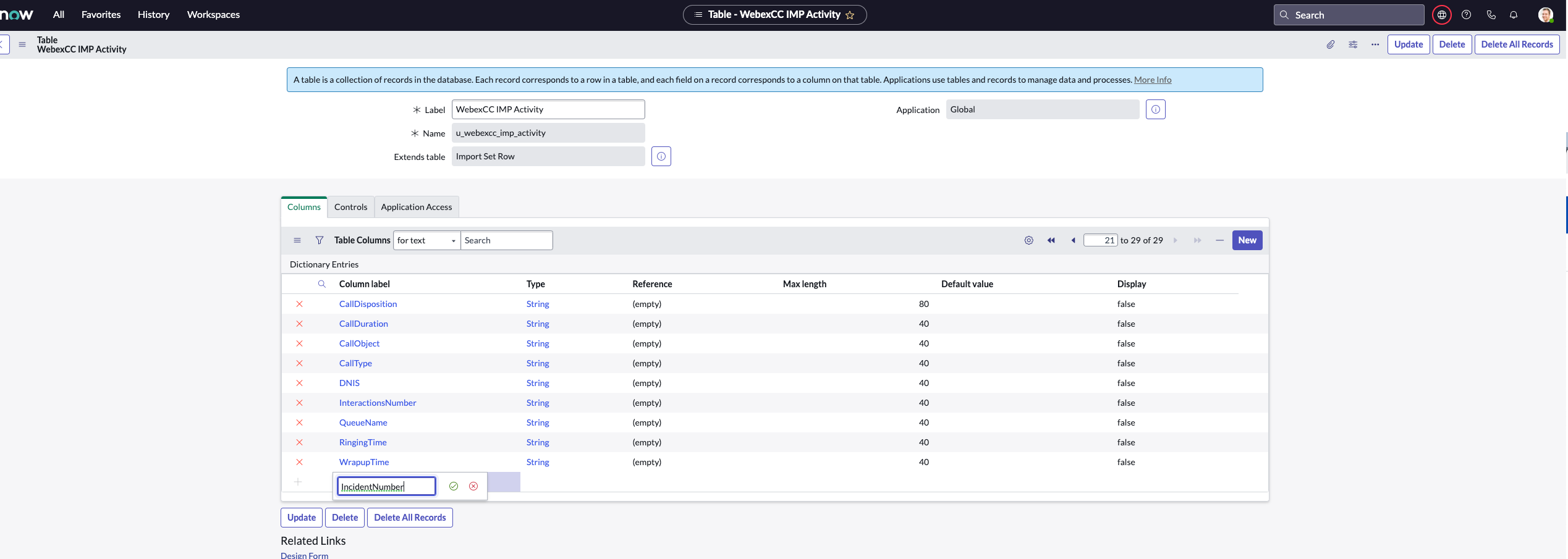 ServiceNow geliştirici örneği WebexCC Etkinlik TransformMap ayrıntılar sayfası yeni bir 'olay numarası' sütunu eklemeyi gösteriyor.