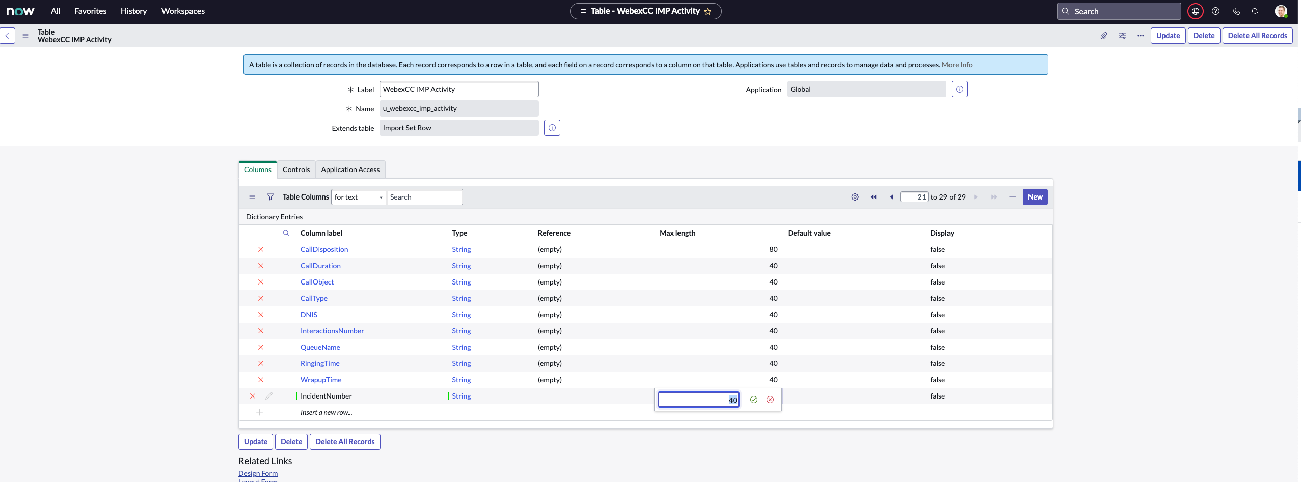 ServiceNow geliştirici örneği WebexCC Etkinlik TransformMap ayrıntıları sayfası, IncidentNumber sütunu için maksimum uzunluğu düzenlemeyi gösteriyor.