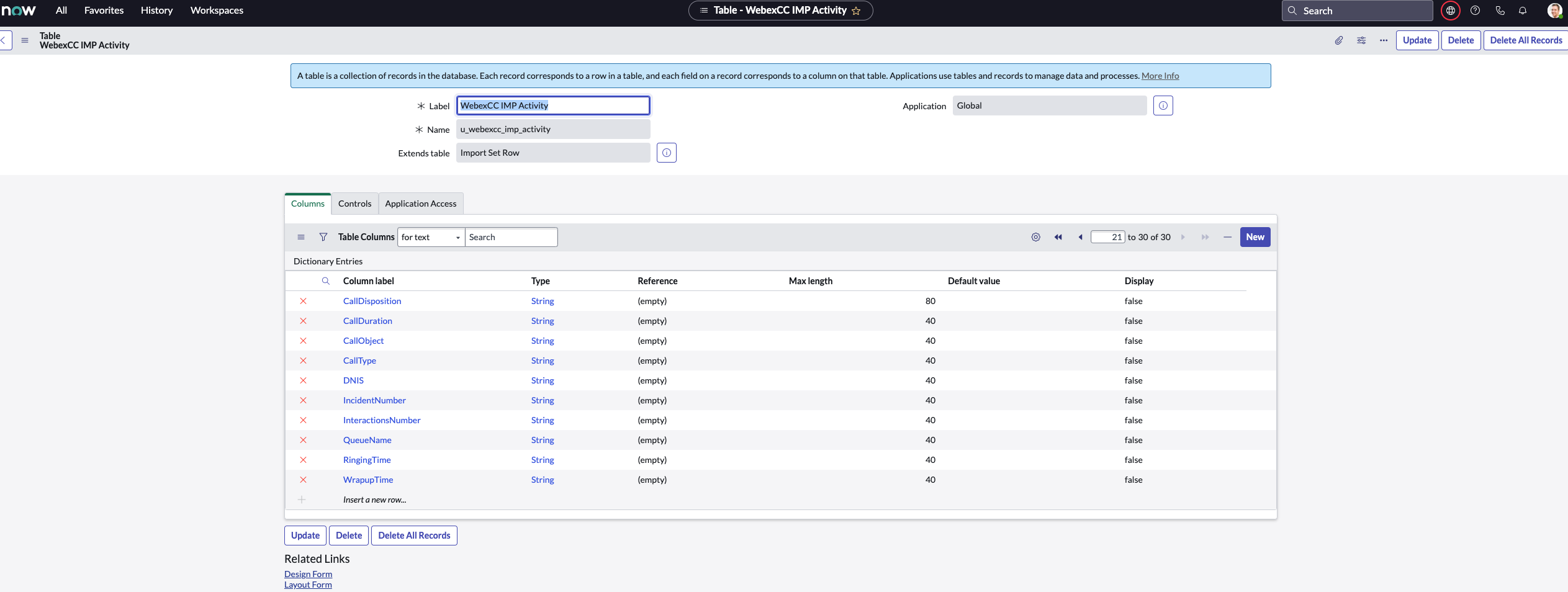 ServiceNow geliştirici örneği WebexCC Etkinlik TransformMap yeni 'incidentnumber' sütununu gösteren ayrıntılar sayfası eklendi.