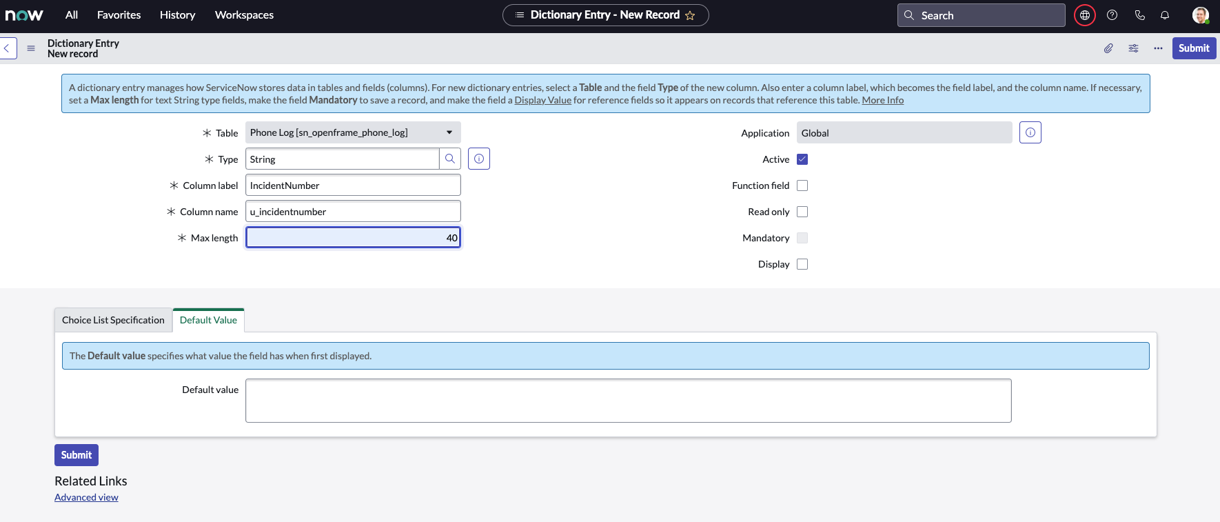 ServiceNow geliştirici örneği Dizin Girişi – IncidentNumber için yeni bir sütun gösteren Yeni Kayıt sayfası.