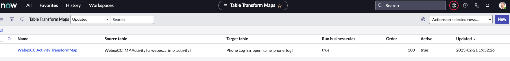 ServiceNow geliştirici örneği Sonuçlarda WebexCC Etkinliği TransformMap'i gösteren Tablo Dönüştürme Haritaları.