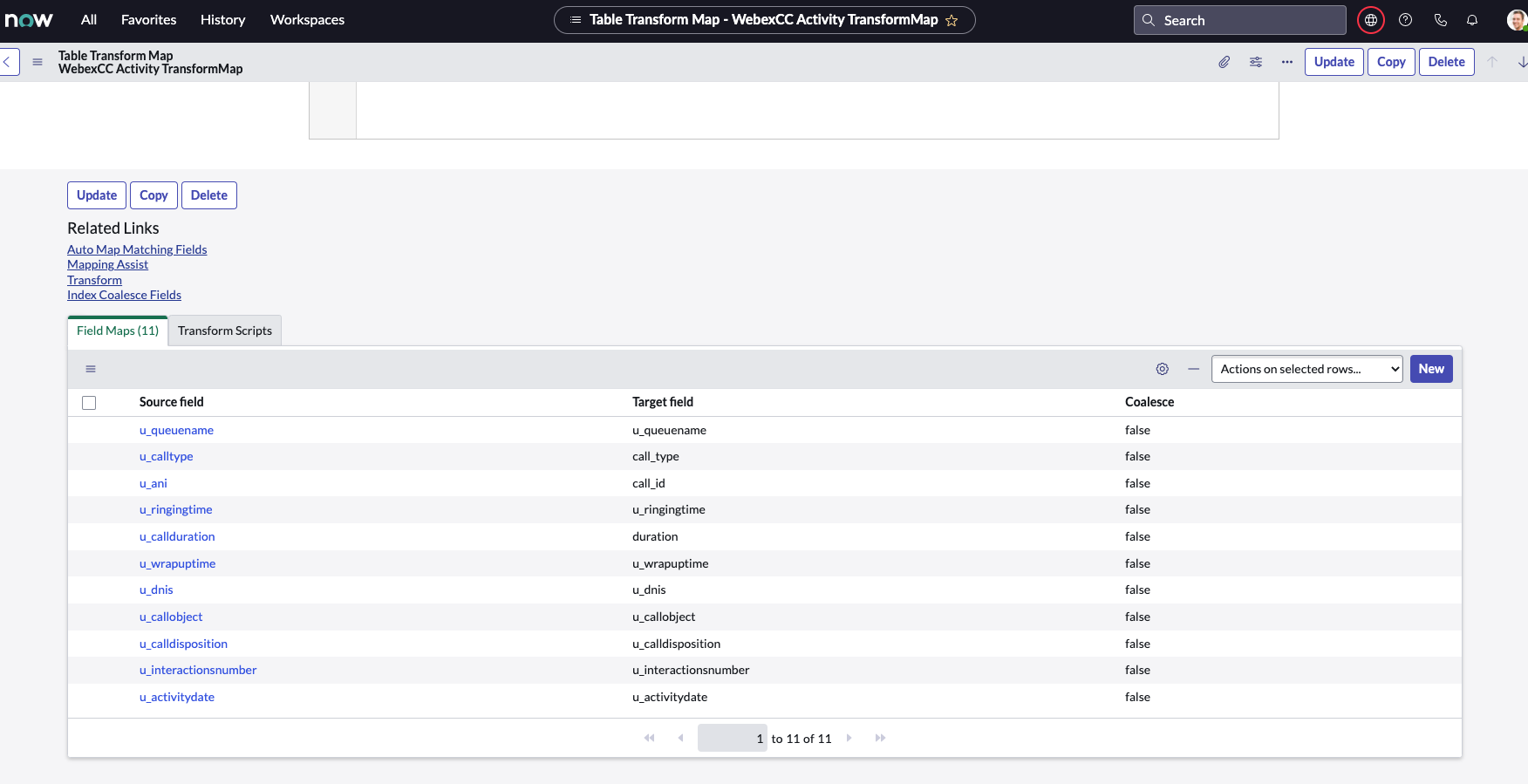 ServiceNow geliştirici örneği WebexCC Activity TransformMap ve 'InteractionNumber' eklendi.