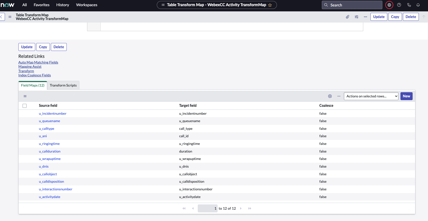 ServiceNow geliştirici örneği WebexCC Etkinlik TransformMap ile 'IncidentNumber' eklendi.