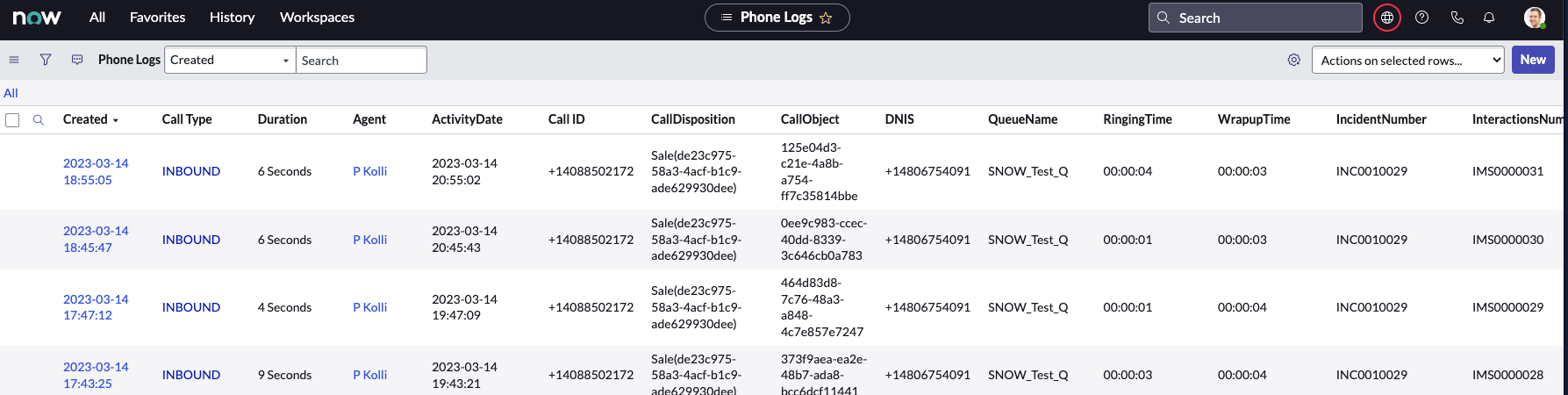 ServiceNow geliştirici örneği Telefon Günlükleri sayfası.