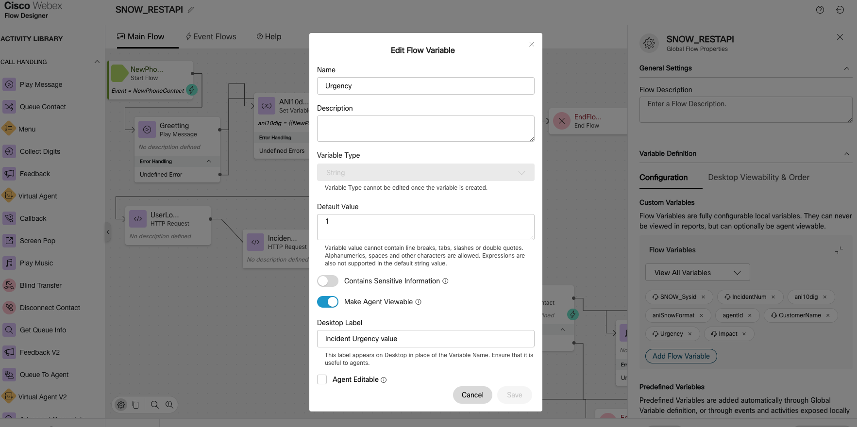 Webex Çağrı Merkezi akış tasarımcısı, bir olay aciliyeti akış değişkeni için düzenleme akış değişkeni açılır penceresini gösteren CAD değişken ekranı oluşturur.