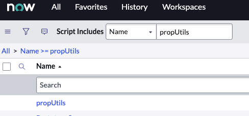 ServiceNow geliştirici örneği Komut Dosyası 'propUtils' ile ad filtresini içerir