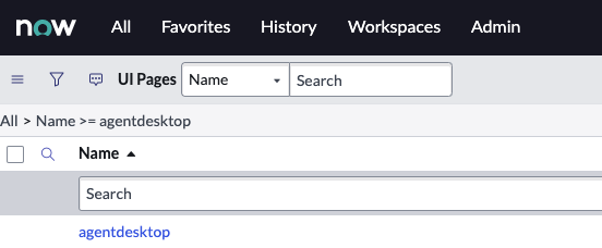 ServiceNow geliştirici örneği UI Sayfaları 'agentdesktop' araması için ad filtresi