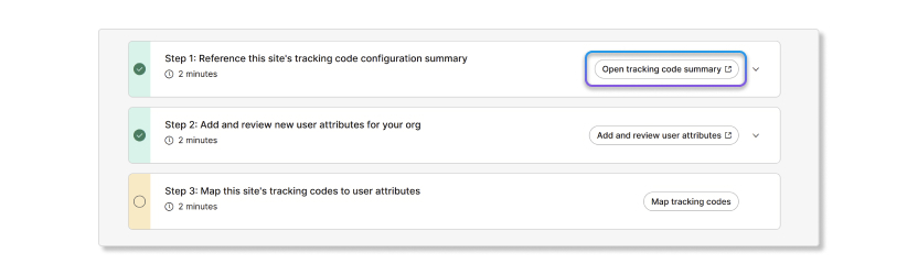 Step 1 of the mapping tracking codes to custom attributes wizard