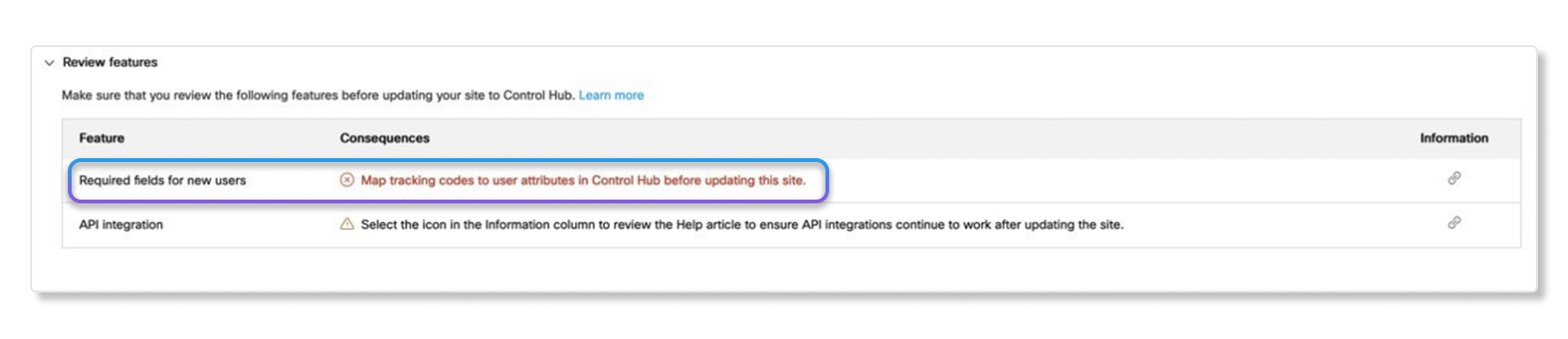 Review features screen when updating site in Site Admin to Control Hub