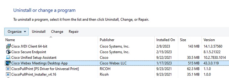 Cisco Webex Meetings Desktop App -merkintä Ohjauspaneelissa.
