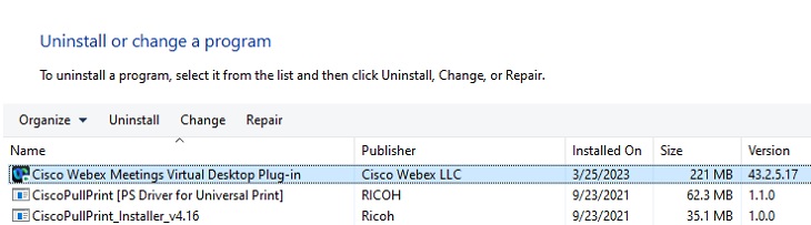 Cisco Webex Meetings Virtual Desktop Plug-in entry in Contol Panel.
