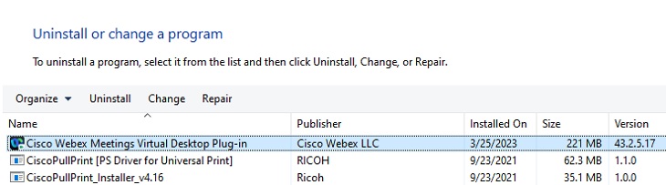 Cisco Webex Meetings Virtual Desktop Plug-in -merkintä ohjauspaneelissa.