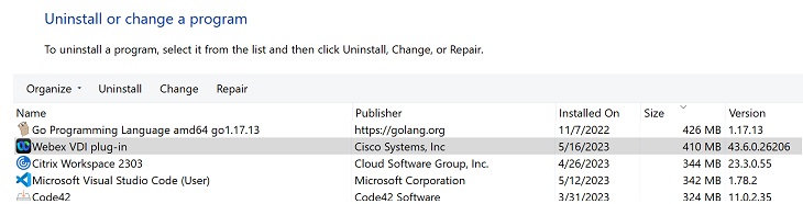 Webex VDI plug-in entry in Control Panel.
