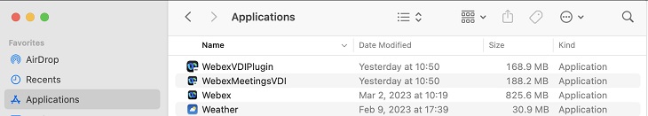 Alkalmazások, Webex VDI beépülő modul és Webex Meetings VDI bejegyzések.