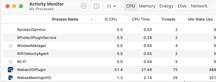 Aktivitätsmonitor, Webex VDI-Plug-In und WebexMeetinsVDI-Einträge.