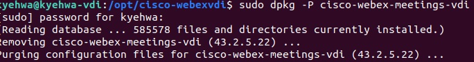 dpkg -P cisco-webex-meetings-vdi 的示例输出。