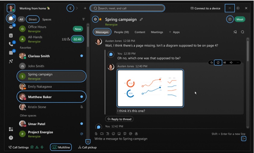 Webex-appen med visuella fokusriktlinjer runt gränssnittselement