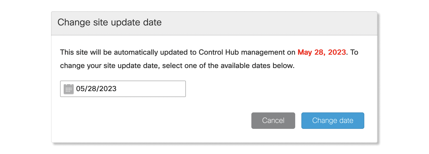 Fenster zum Ändern des Datums für die automatische Site-Aktualisierung in der Site-Administration.