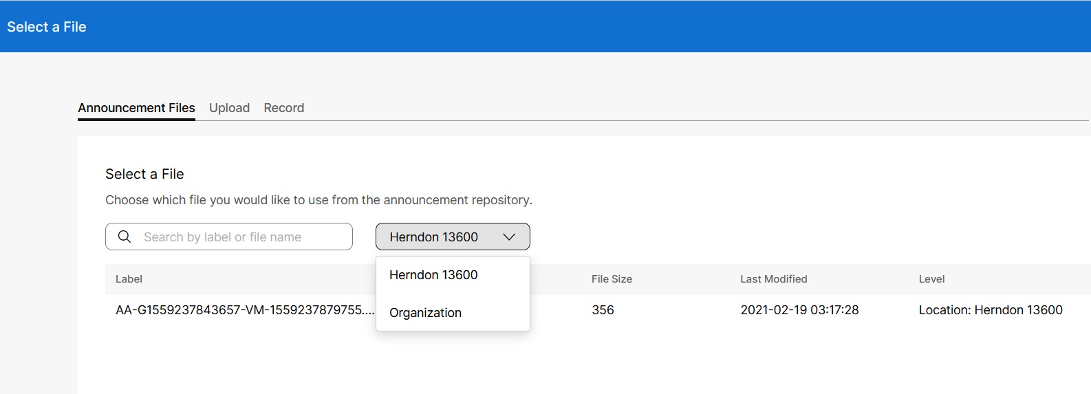 Announcement files upload and record window. Admin chooses the files to use for play announcement function.