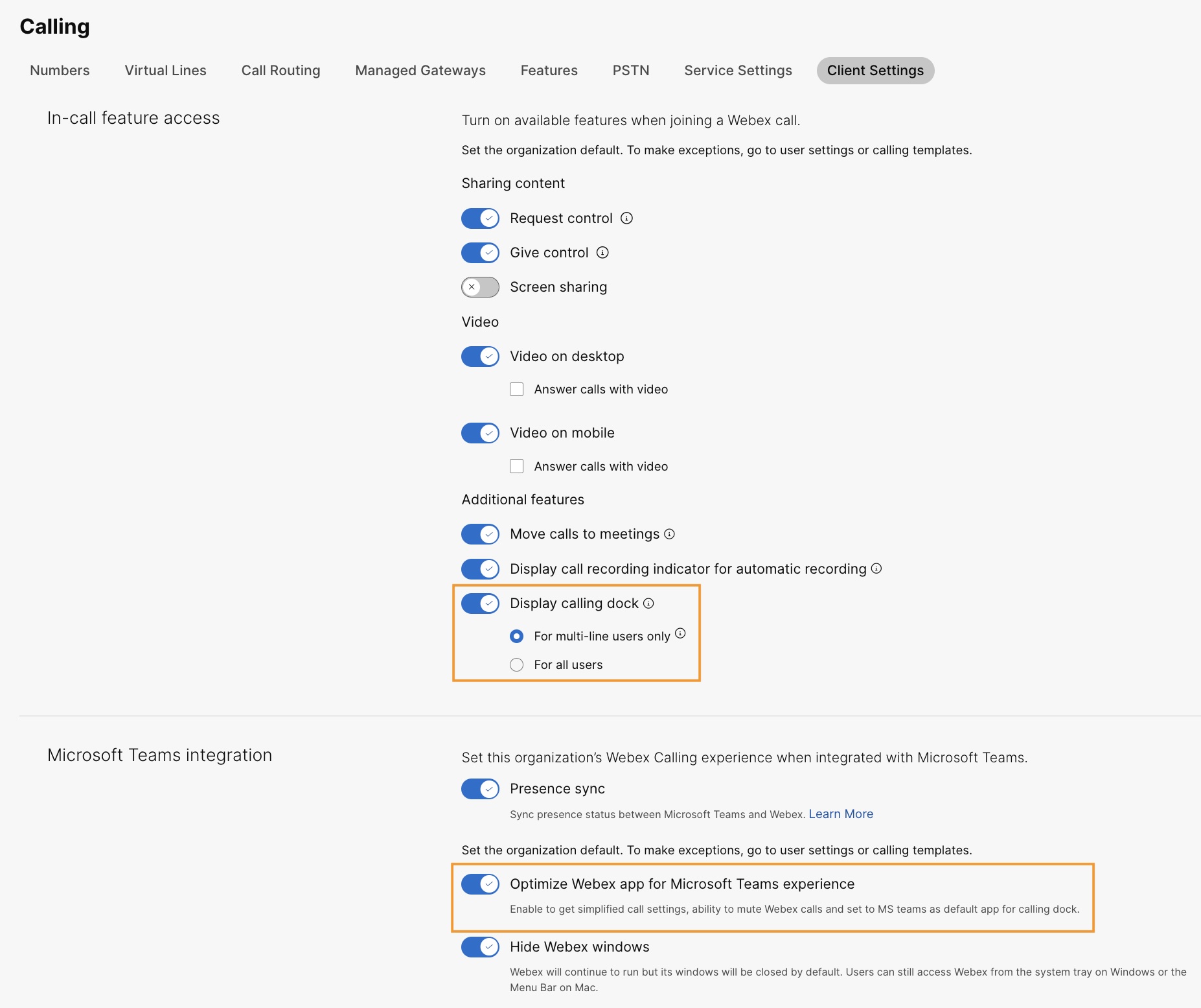 통화 표시 도크를 활성화하고 MS Teams 환경에 대해 Webex 앱을 최적화하는 Control Hub의 옵션