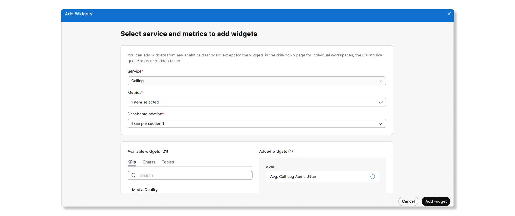 Aggiunta della procedura guidata widget per dashboard personalizzate in Control Hub