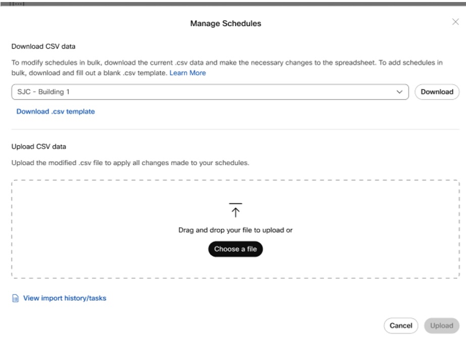 gestisci la finestra di pianificazione con l'opzione per scaricare il file csv