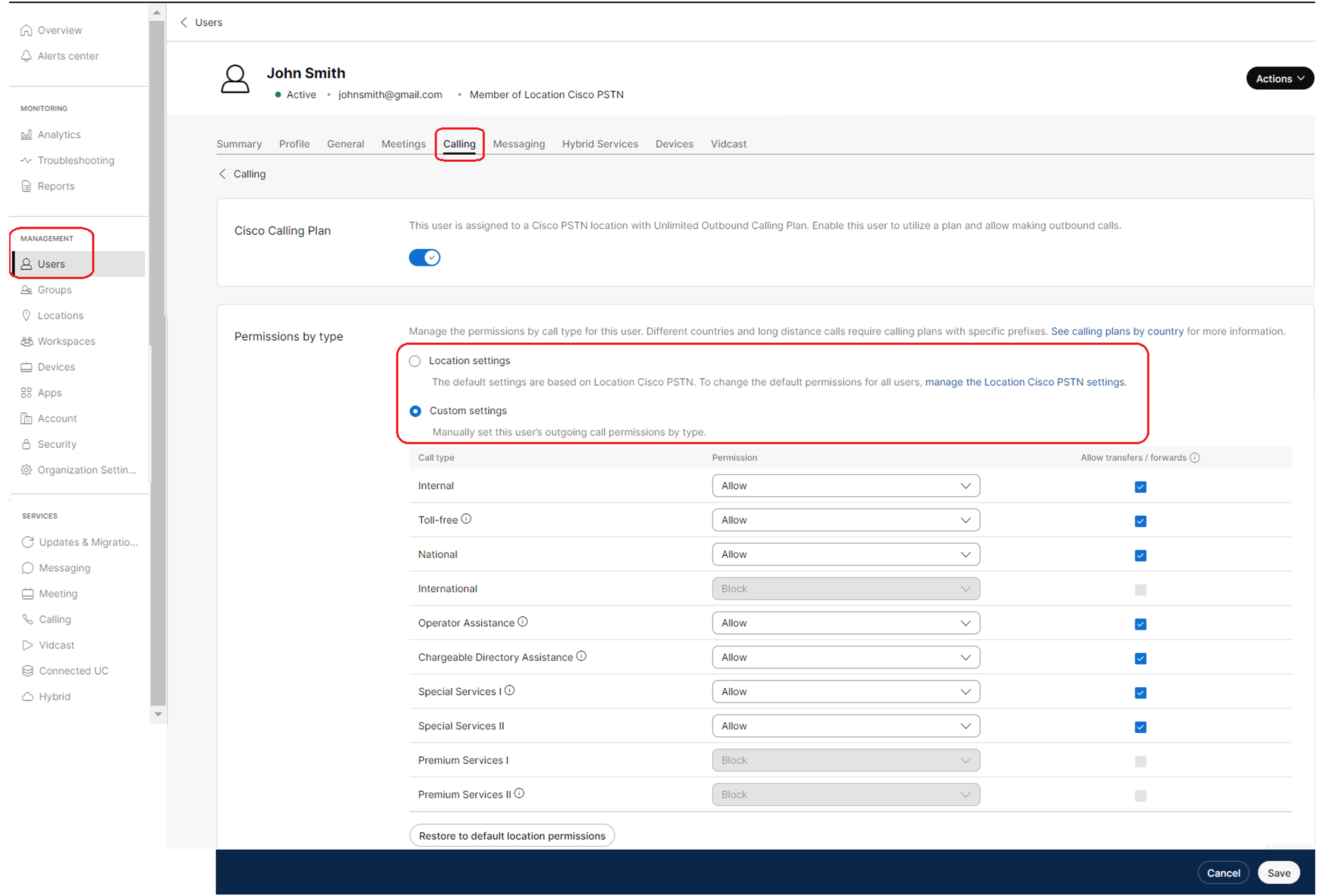 permissions by call type for a user