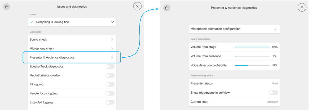 The Presenter and Audience diagnostics menu