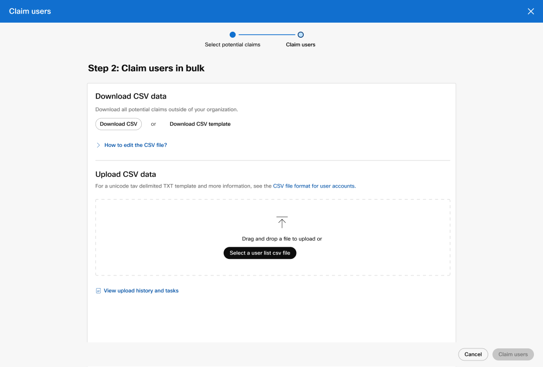 Claim bulk users page. You can download all claimable users and upload which users you want to claim.