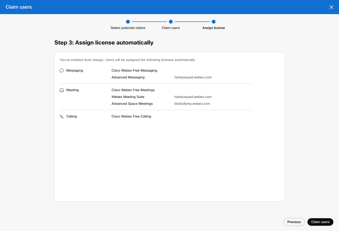 Automatic license assignment page. Review which licenses will be assigned to users automatically.