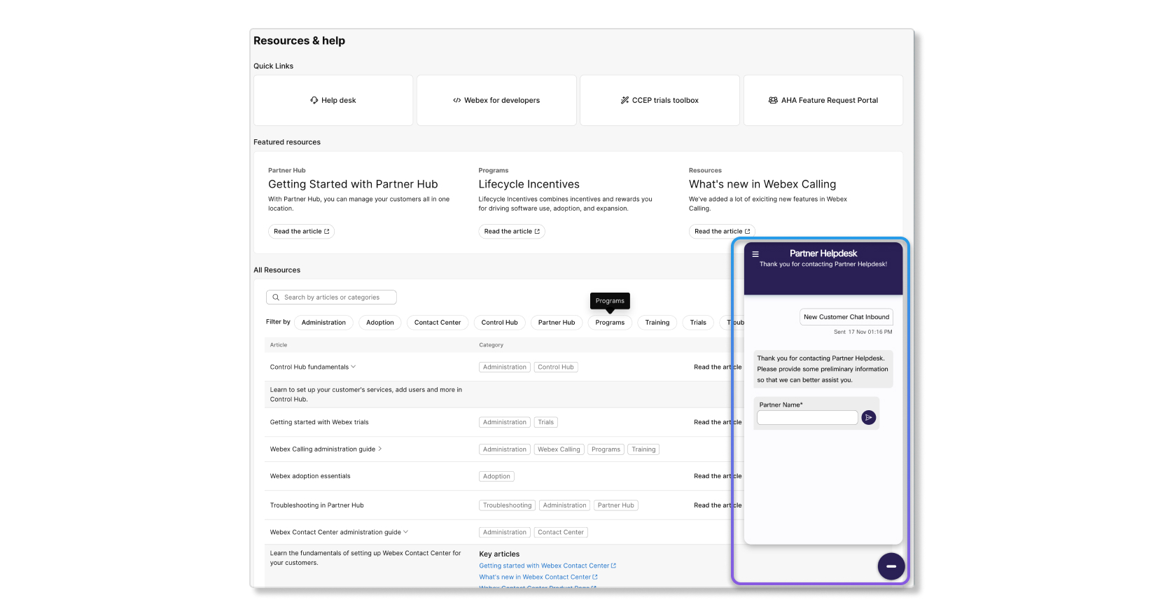 Technická podpora partnera v sekci Zdroje a nápověda v prostředí Partner Hub