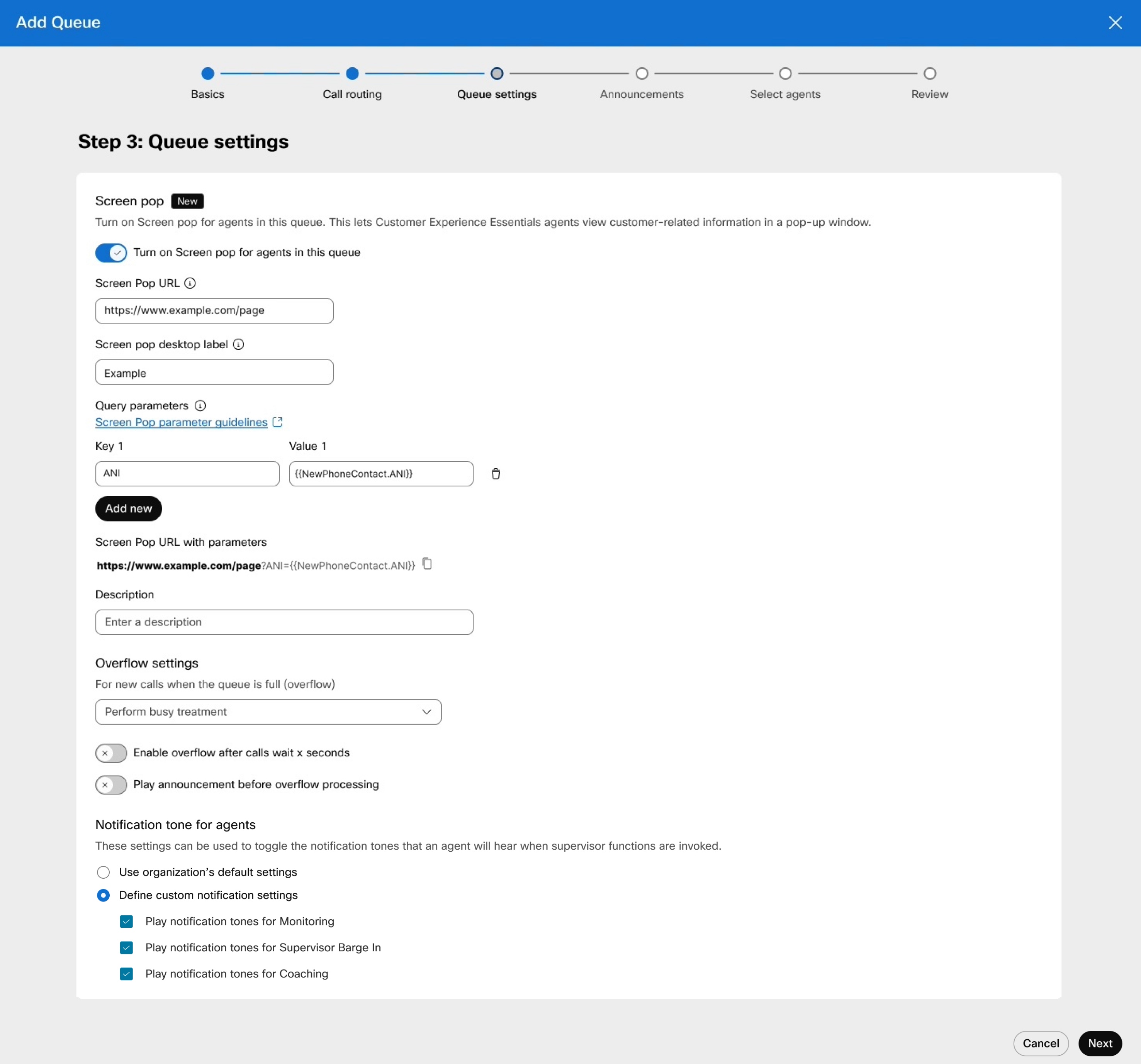 Agregar ventana emergente de la cola y página de configuración de desbordamiento