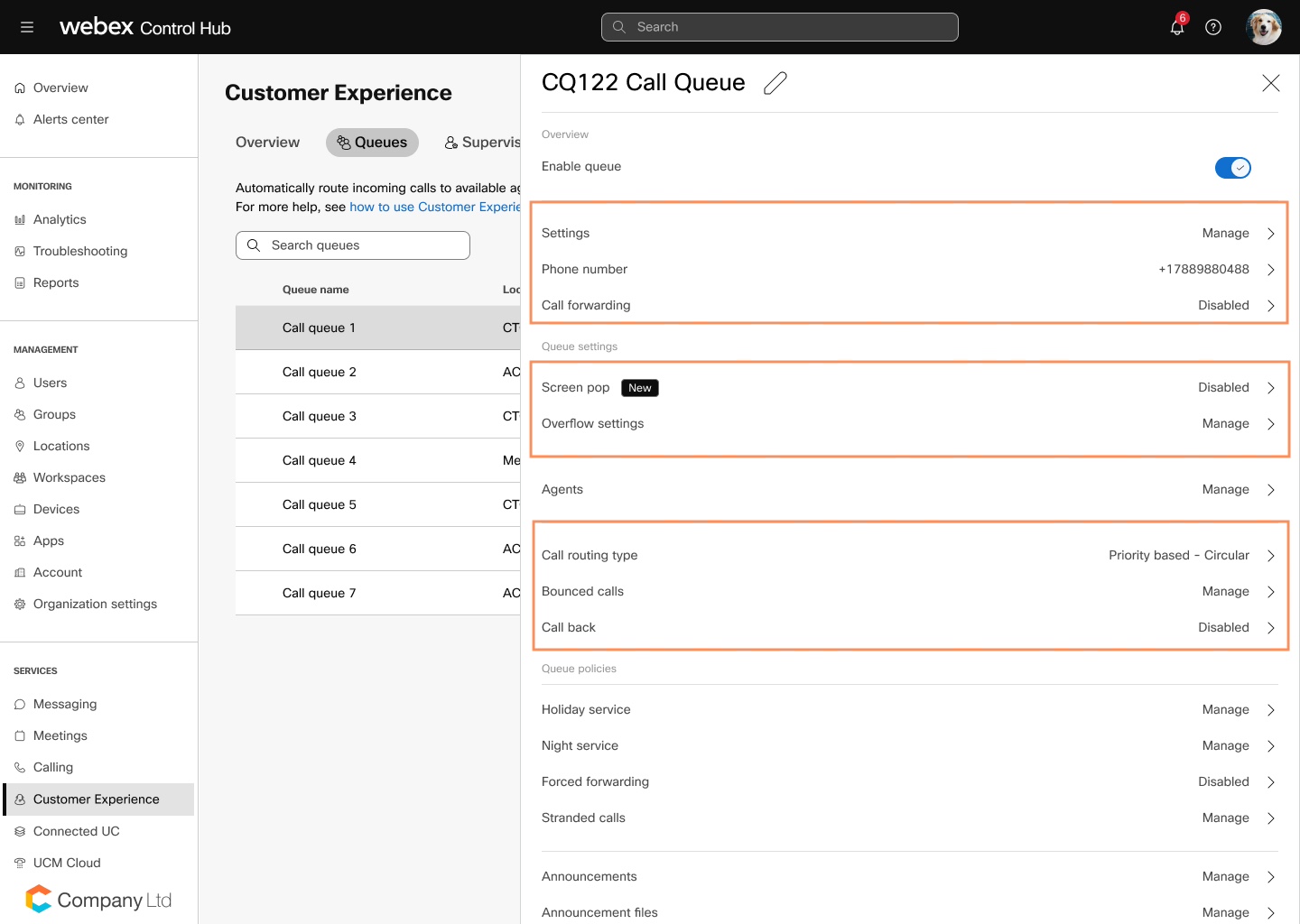 call queue settings side panel