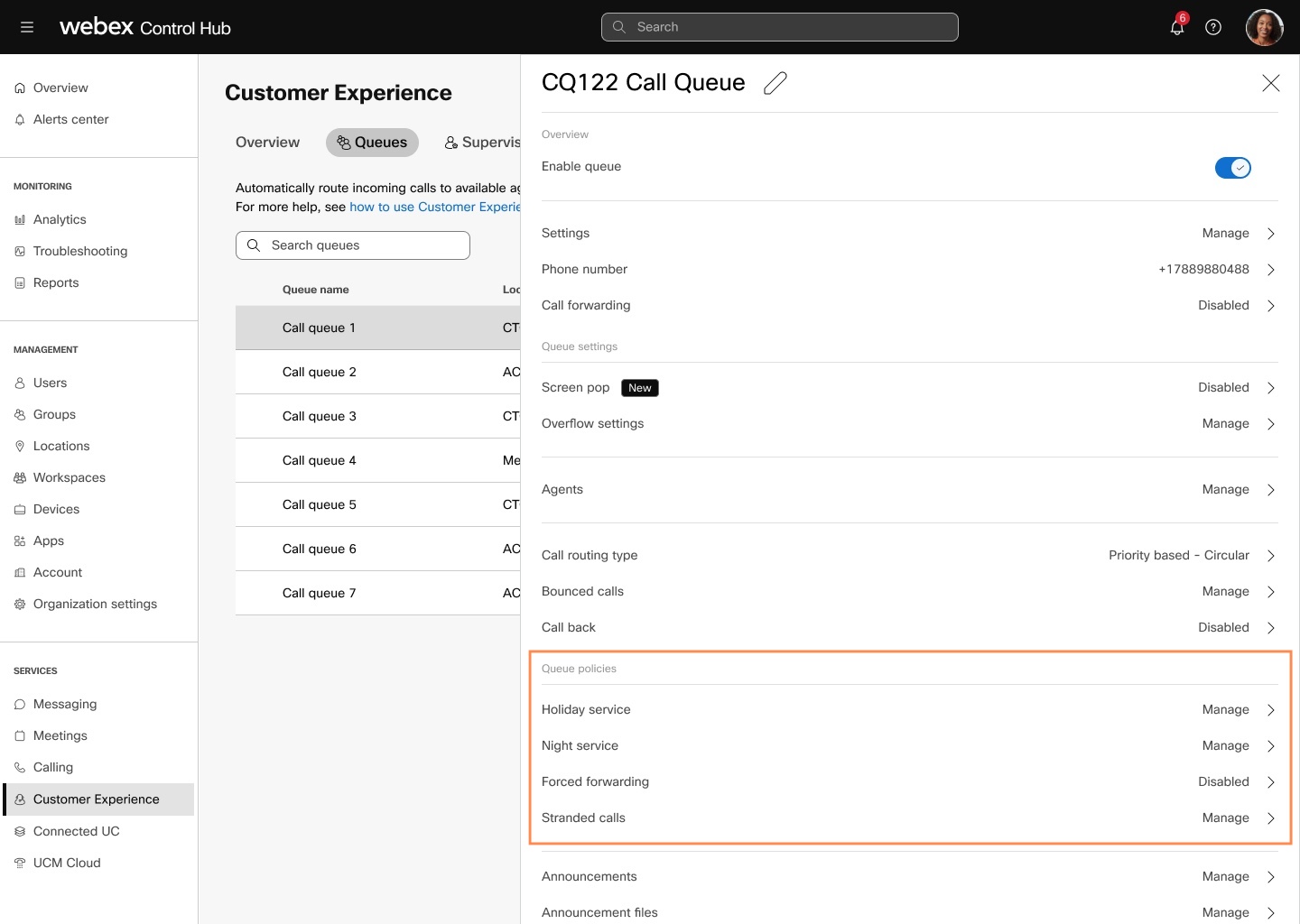 call queue policies side panel