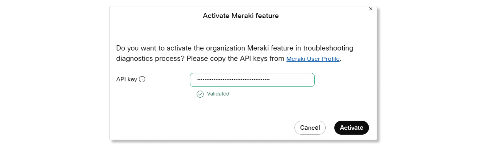 Control Hub で Meraki トラブルシューティング用の Meraki API キーを有効にする