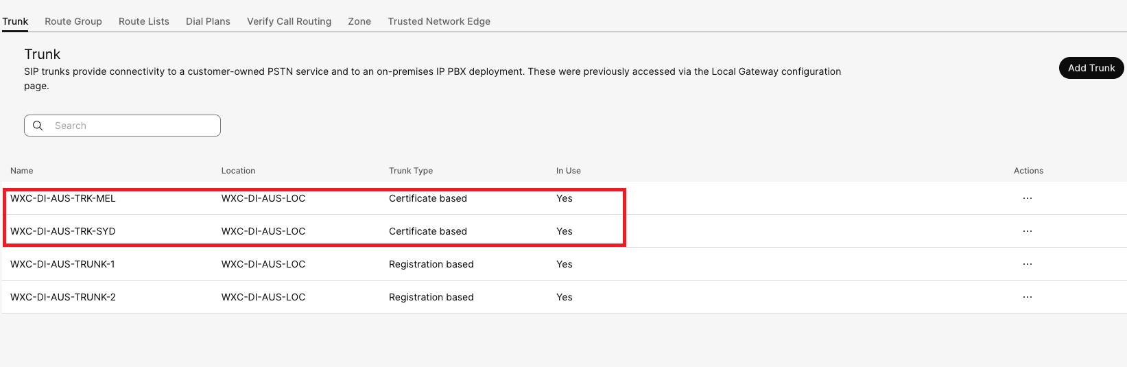 Cert based trunk