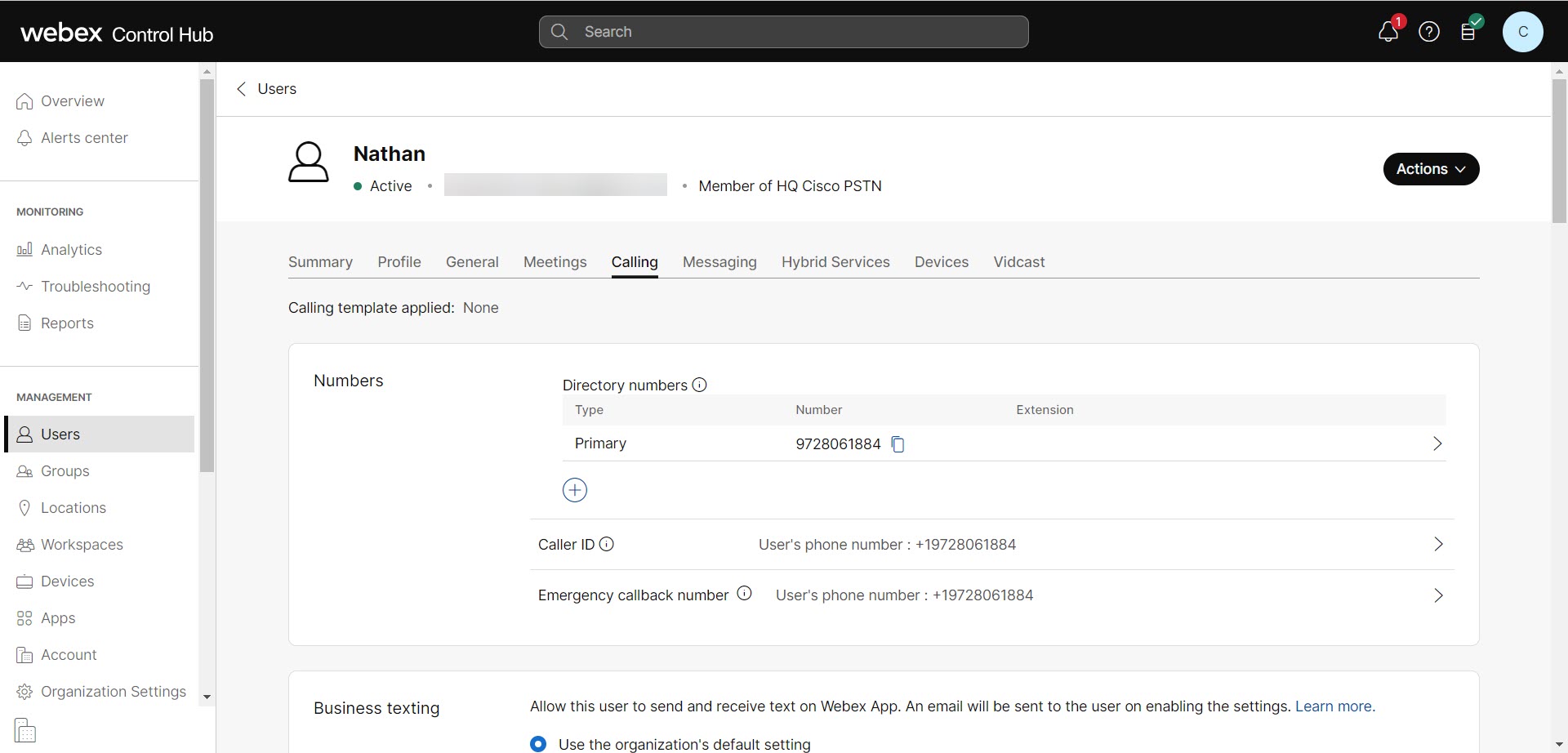 User's profile in Control Hub on the Calling tab showing Numbers information for a user.