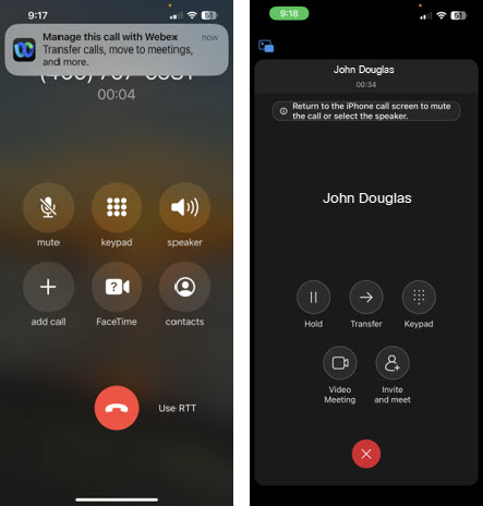 iPhone-actief gesprek met Webex Go-melding voor toegang tot functies tijdens het gesprek.