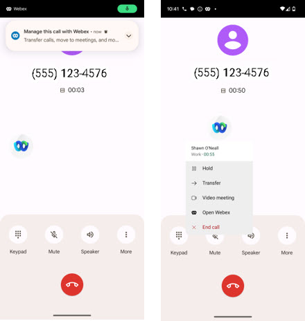 Android active call with Webex Go notification to access mid-call features.