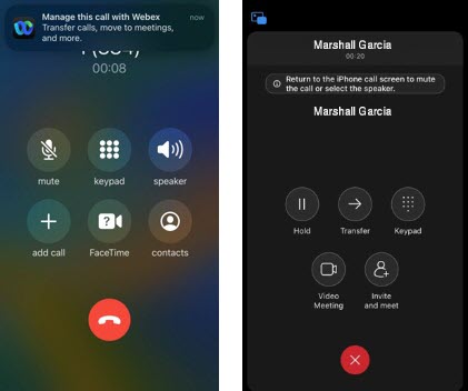 iPhone showing active call with Webex Go notification to show moving a call into a video meeting.