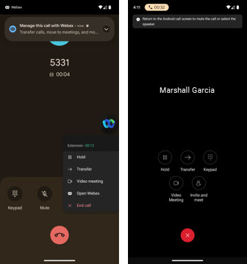 Android showing active call with Webex Go notification to show moving a call into a video meeting.