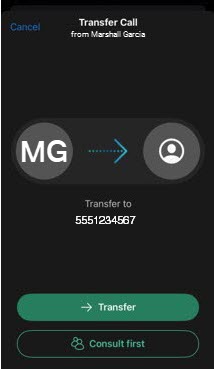 Webex Go Mobil Operatörünü kullanarak çağrı aktarımını gösteren iPhone.