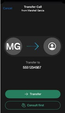 iPhone showing a call transfer using Webex Go Mobile Operator.