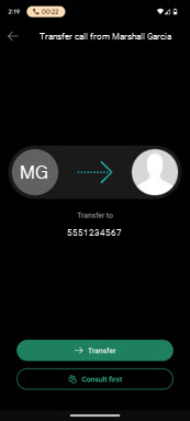 Android showing a call transfer using Webex Go Mobile Operator.